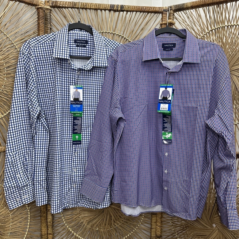 2 NWT Men's Nautica Button‎ Up Shirts Slim Fit 17-17.5 32/33 XL